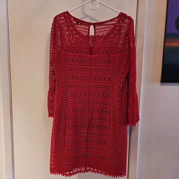 Designer NANETTE LEPORE Red Lace Dress - Bell Sleeves - Fully Lined - Size 10 - Picture 6 of 8